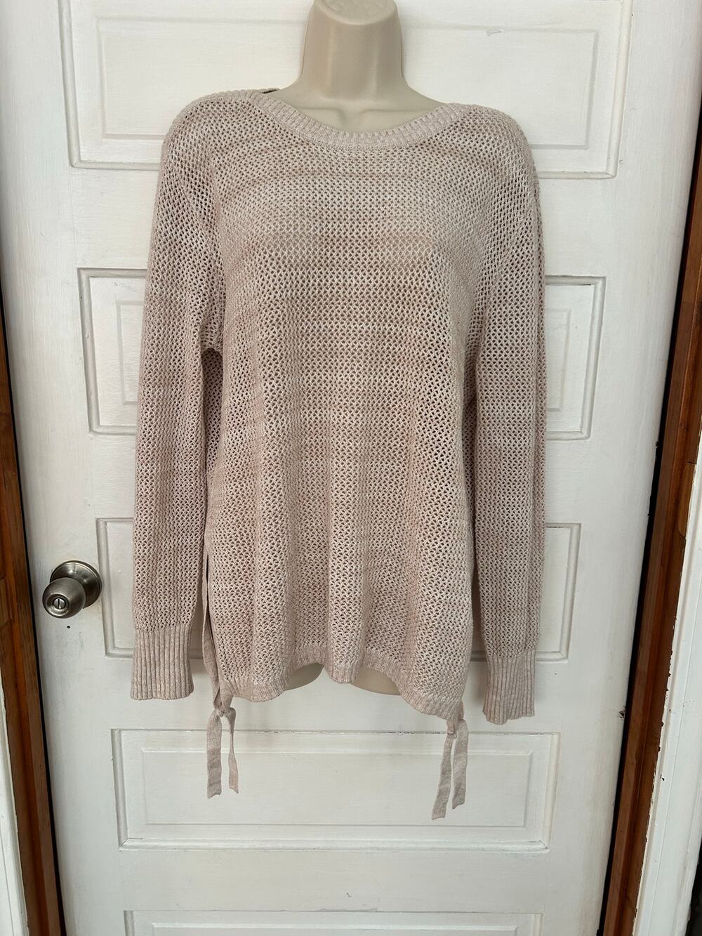 Lysse Fish Net Long Sweater with Side Ties Beige Beachy Oversized Small XC